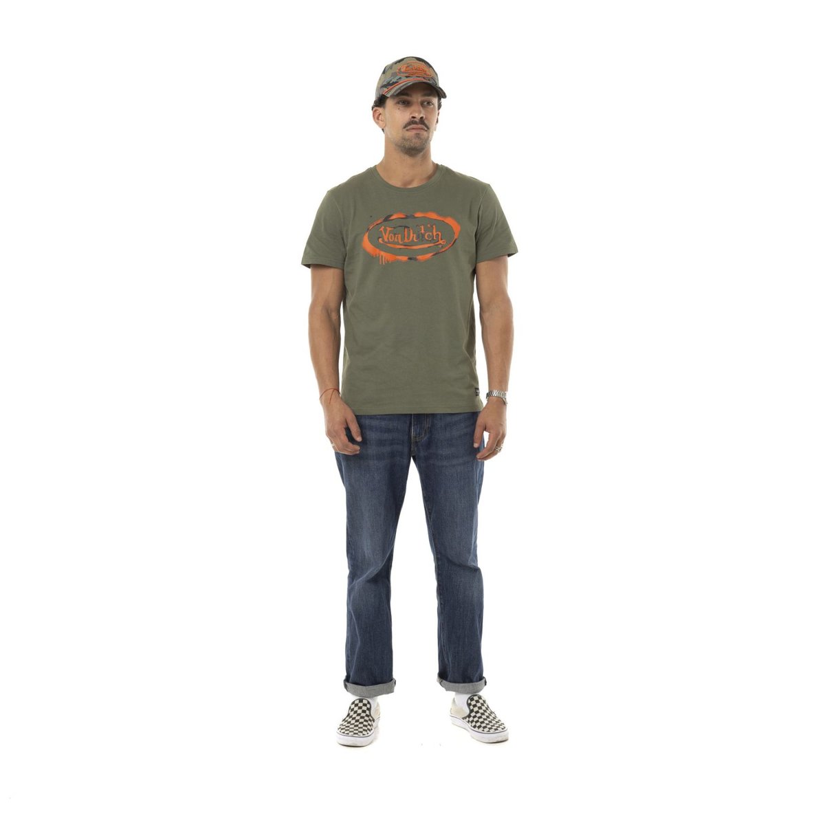 Tee Shirt coton GRAPH vert kaki/orange, VON DUTCH