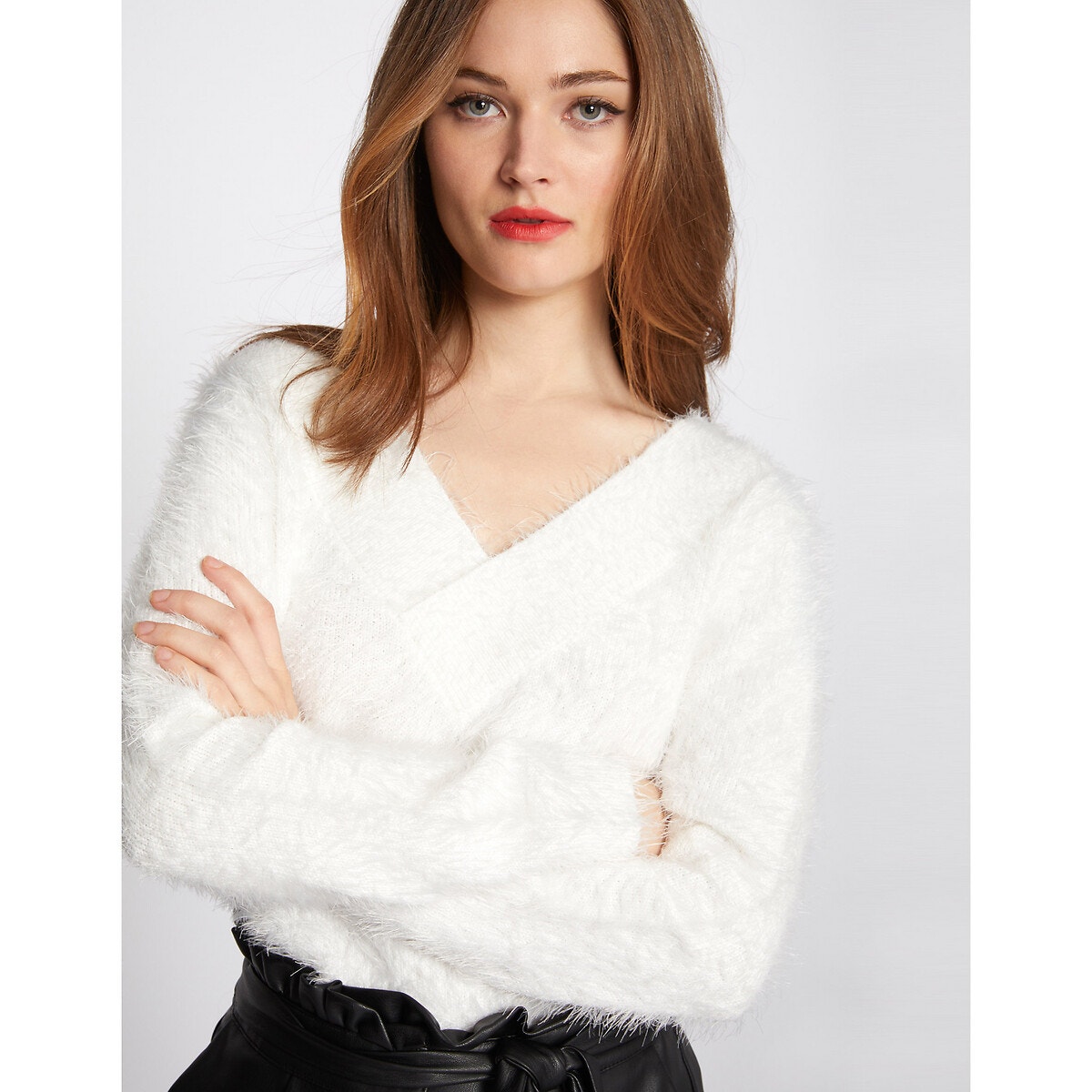 Pull Duveteux Col V Devant Et Dos blanc, MORGAN