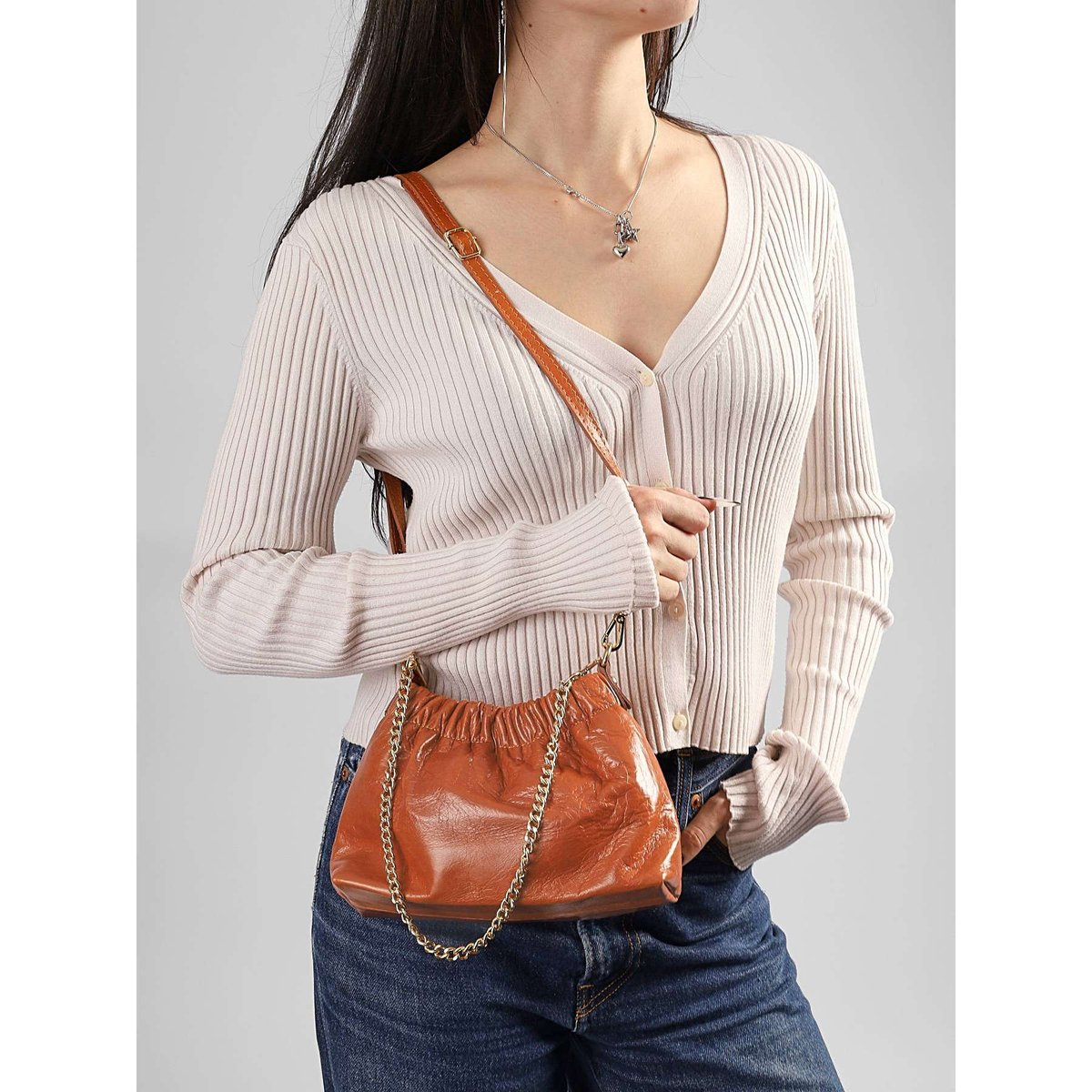 Sac bandoulière Shiny sauvage cuir cuoio, MILANO