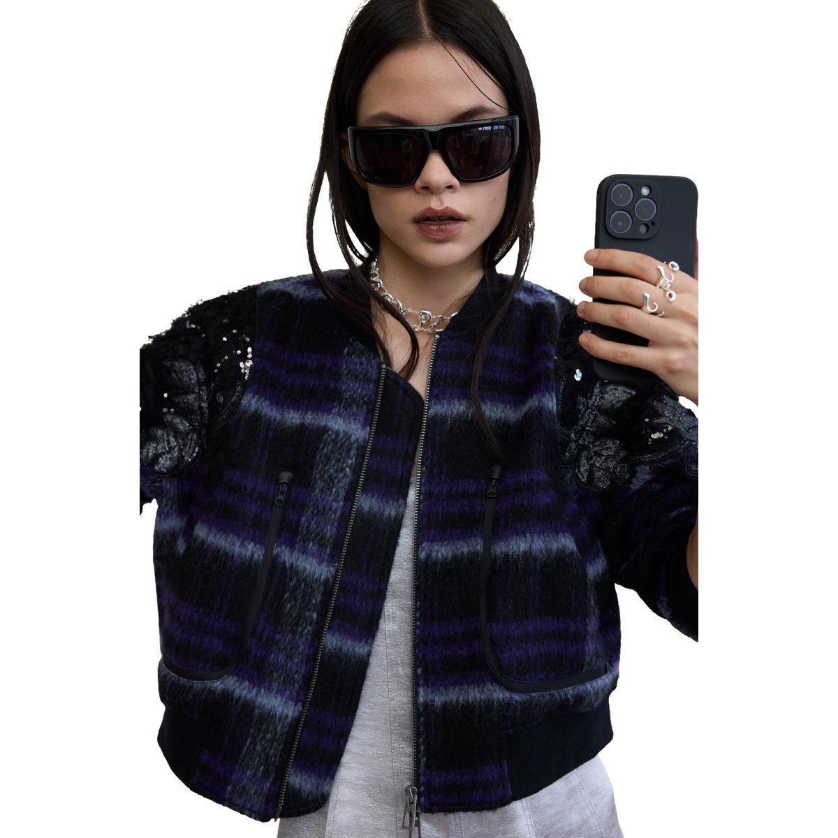 Blouson bomber à carreaux brodé rouge, DESIGUAL