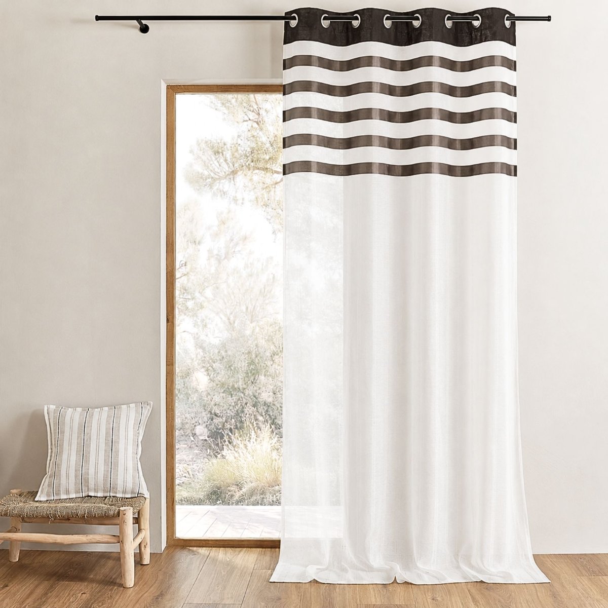 Voilage avec parement à rayures satinées taupe, HOME MAISON