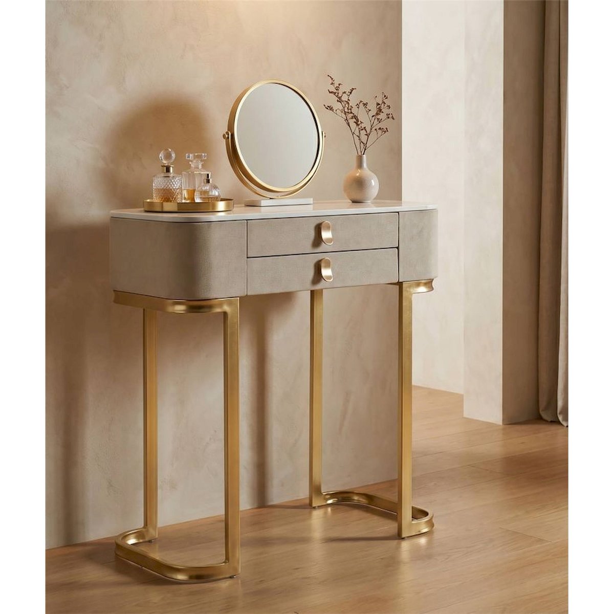 Console 2 tiroirs métal plateau effet marbre GLAM crème et or, RECOLLECTION