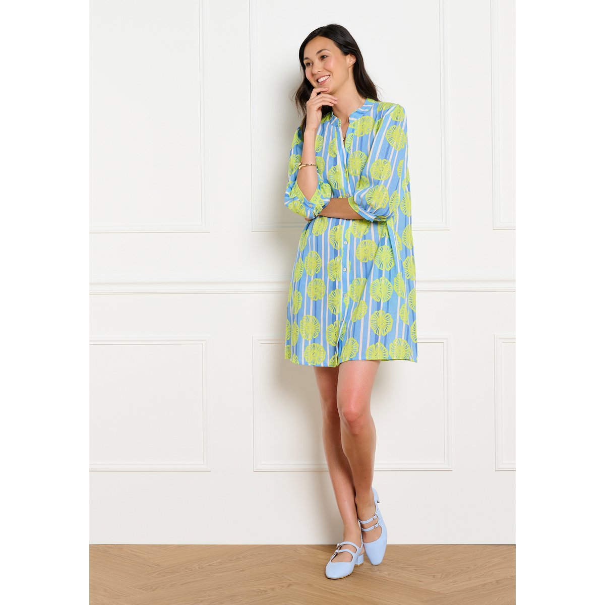 Robe chemise imprimée fluide bleu pastel, LOLALIZA