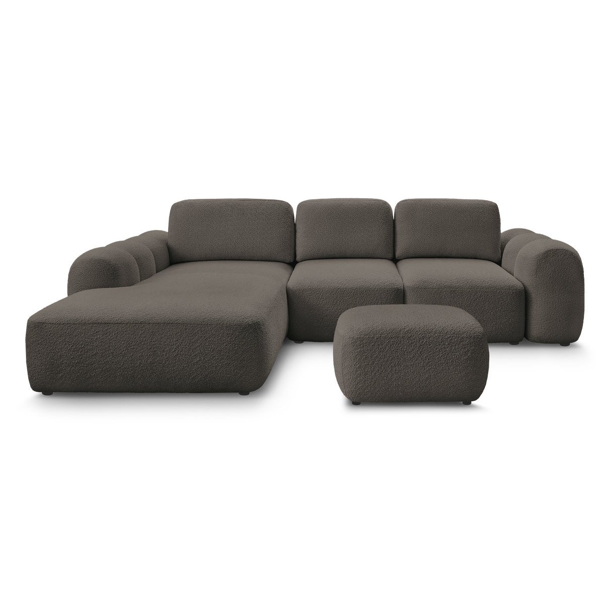 Canapé d'angle convertible 3 places en tissu bouclette avec pouf, MONTAIGNE marron, BOBOCHIC