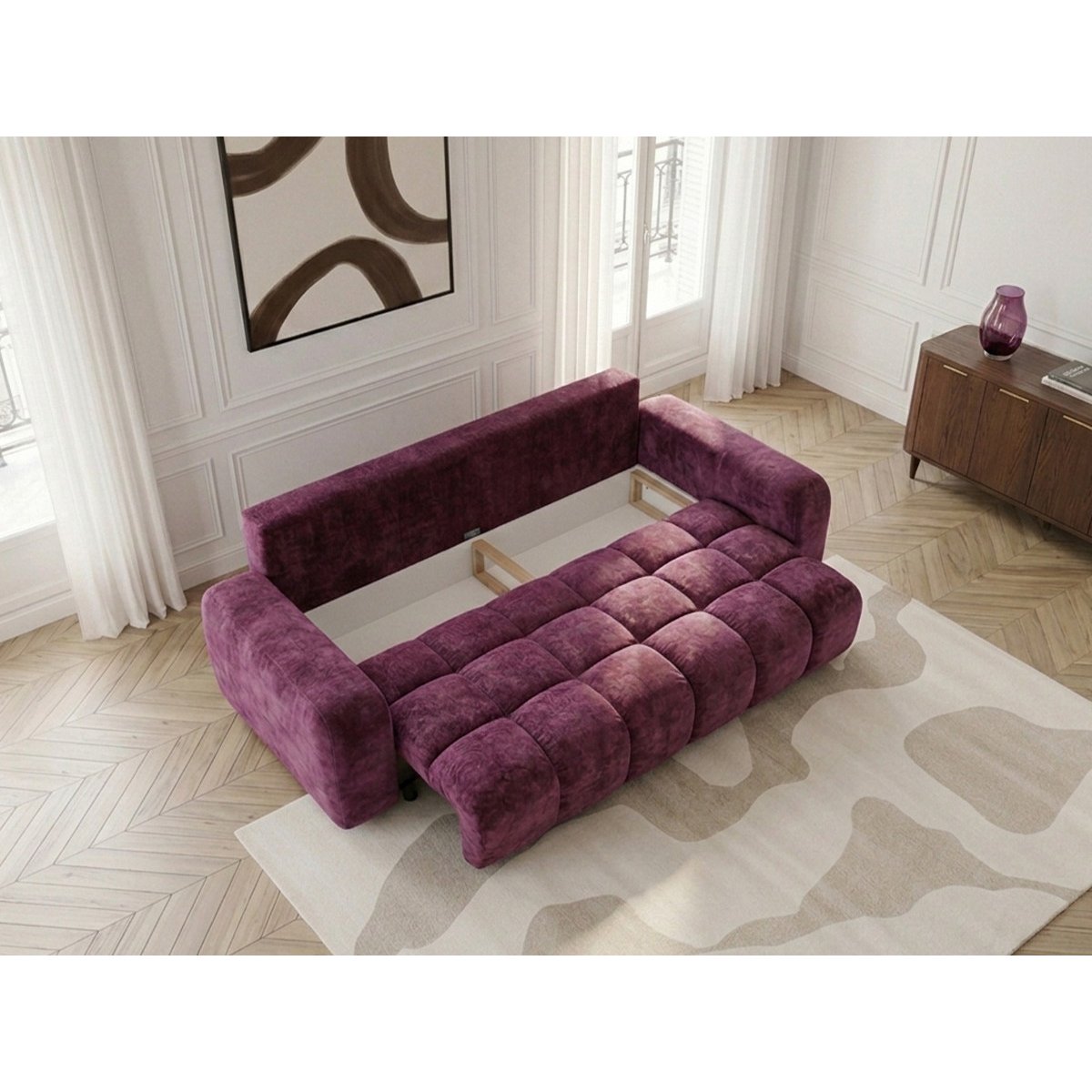 Canapé droit convertible 3 places en tissu lisse, JULES rouge, BOBOCHIC
