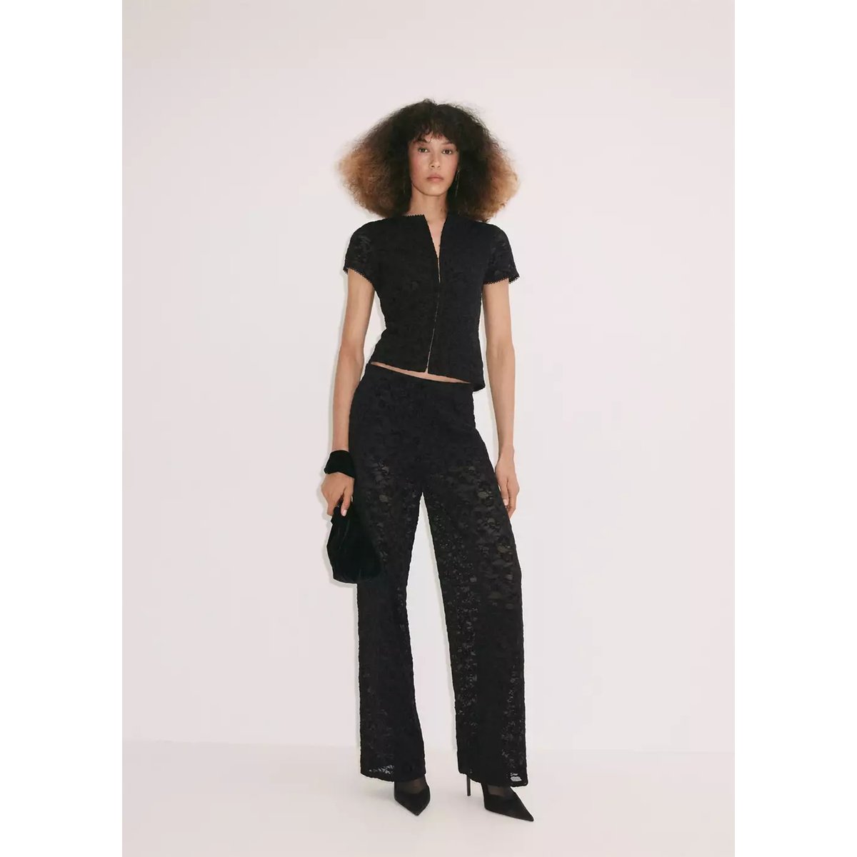 Pantalon en dentelle semi-transparent noir, MANGO
