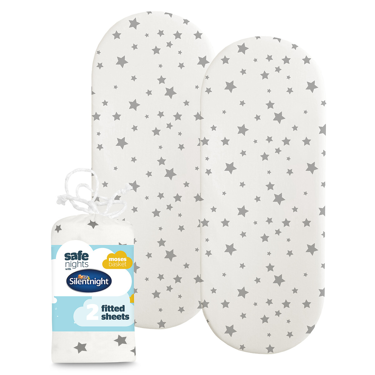 Pack 2 Safe Nights Moses Basket Fitted Sheets grey/white, SILENTNIGHT