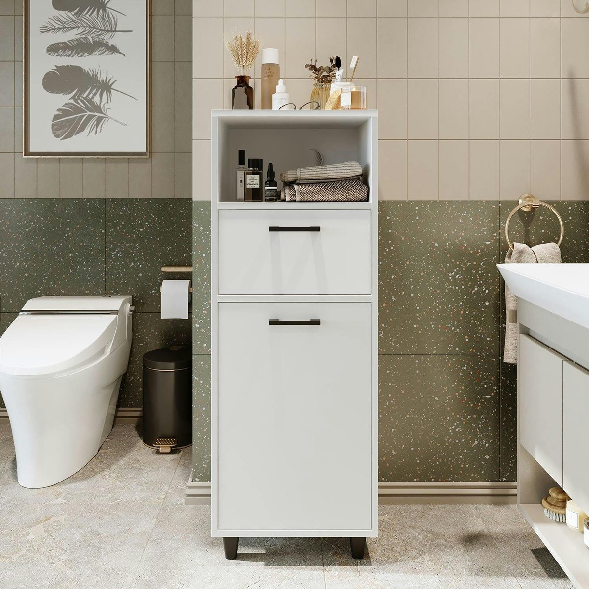 Meuble salle de bains avec panier à linge MARE blanc, PIER IMPORT