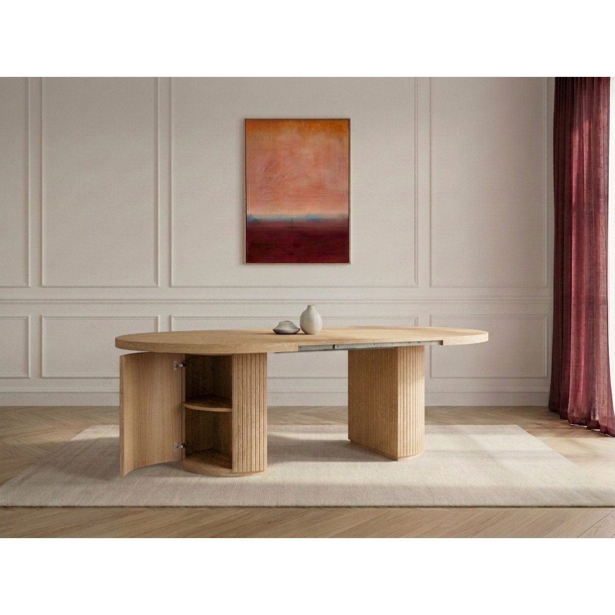 Table à manger ronde extensible 120 à 204 cm PRADO placage chêne massif avec rangements marron clair, BOBOCHIC