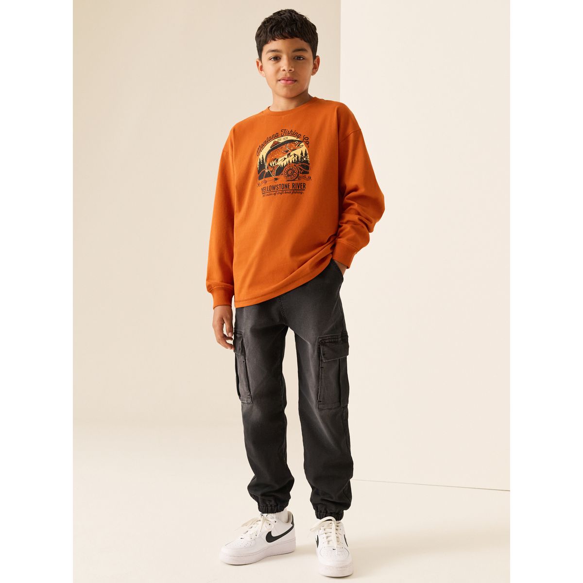Jean cargo large avec taille élastique noir, NEXT