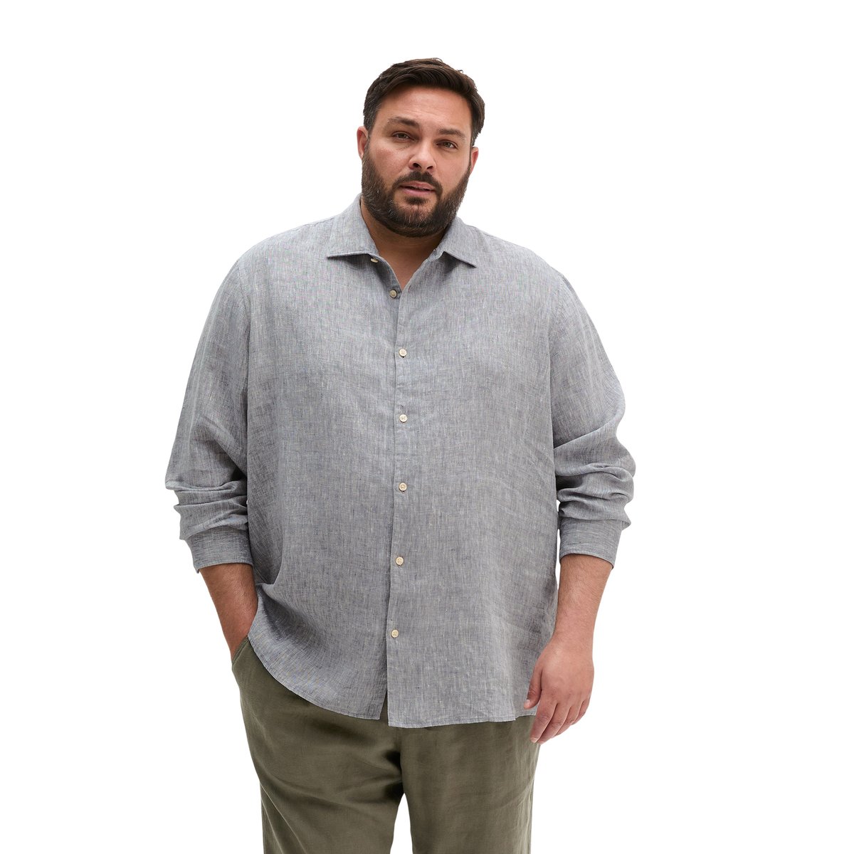Chemise à col requin shaped en chambray de lin fin bleu moyen, MARC O'POLO