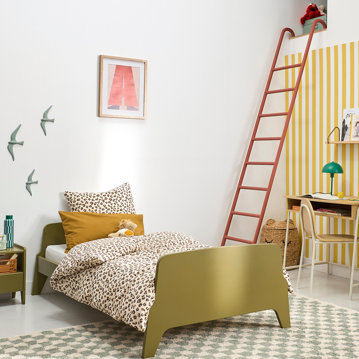 Adil Vintage Retro Style Single Bed with Bed Base khaki green, LA REDOUTE INTERIEURS