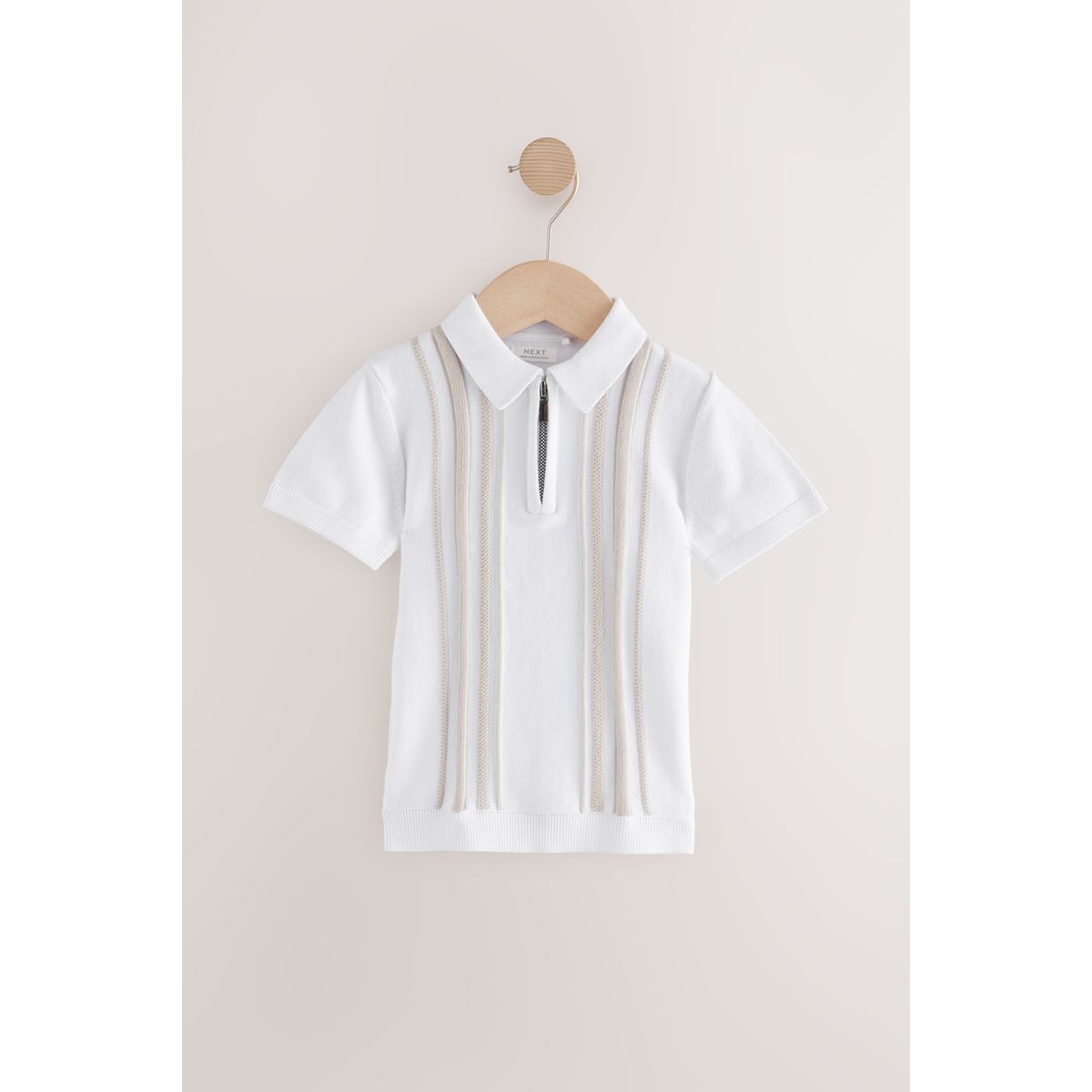 Polo en maille à col zippé coton rayure verticale blanche, NEXT