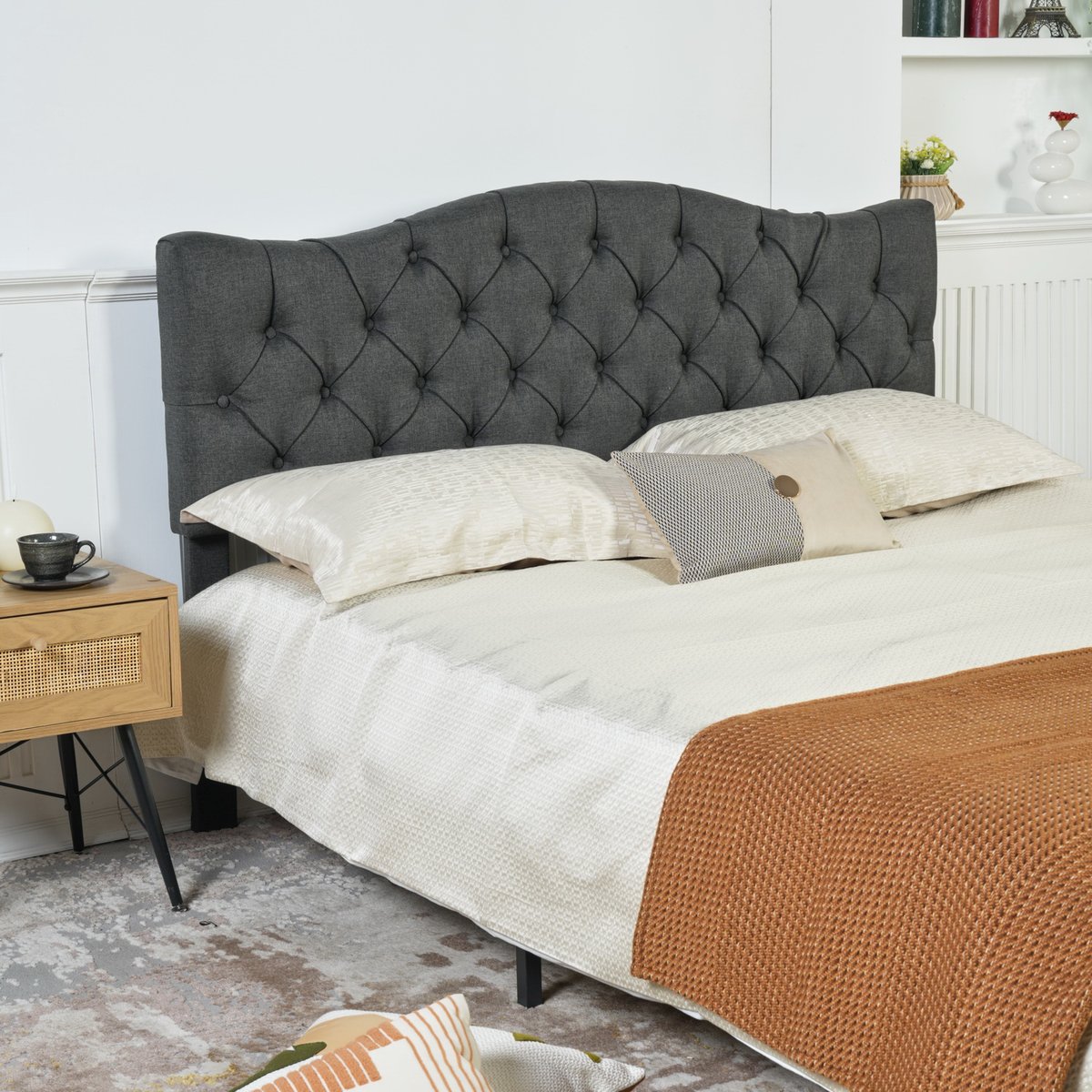 Lit double capitonné sans matelas sans rangement, LEON gris, MEUBLES COSY