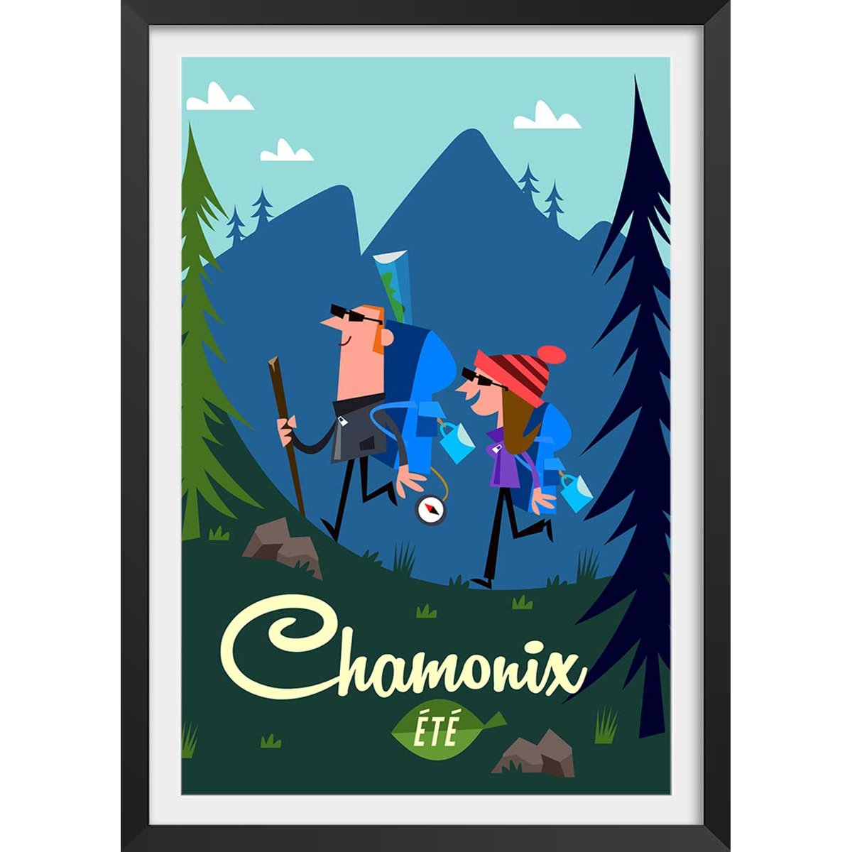 Poster de rando à chamonix affiche + cadre en bois - noir, HEXOA