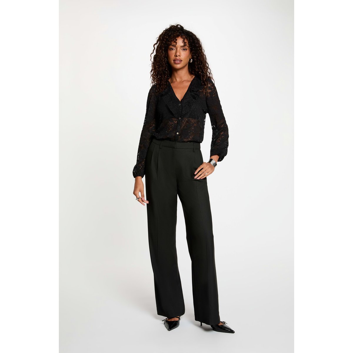 Chemise dentelle col v noir, MORGAN