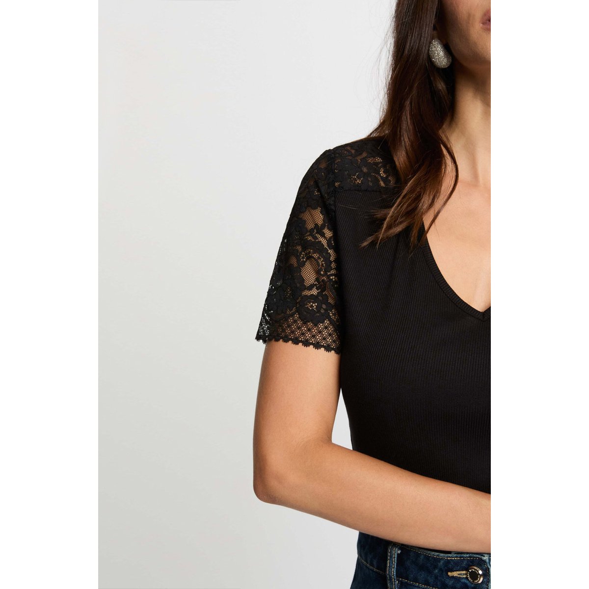 T-shirt dentelle col v noir, MORGAN