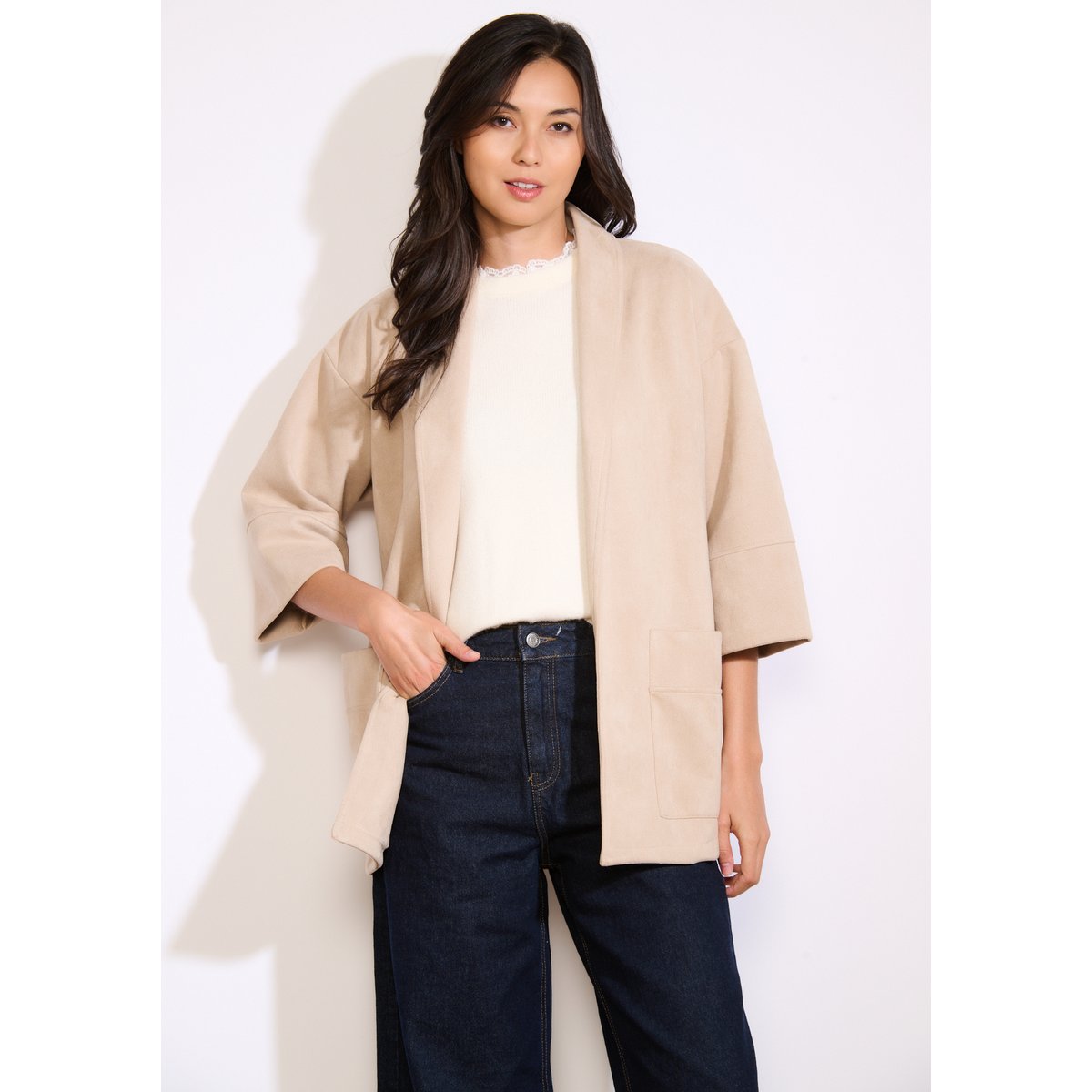 Blazer loose en suédine lt beige, LOLALIZA