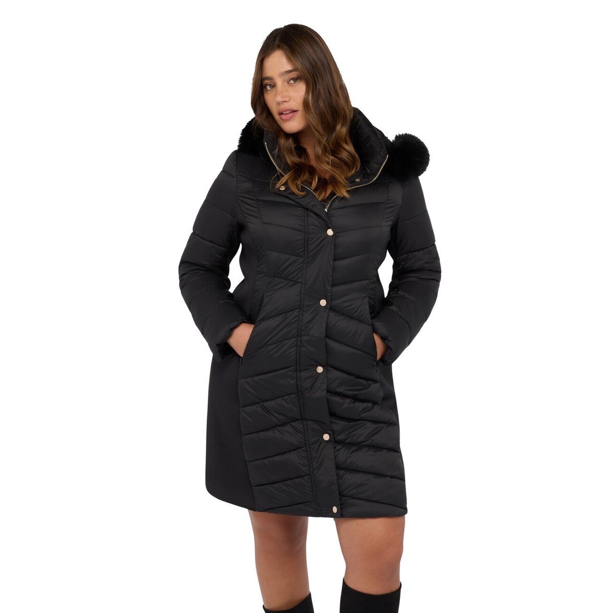 Veste matelassée longue avec capuche et surpiqûres noir, FIORELLA RUBINO