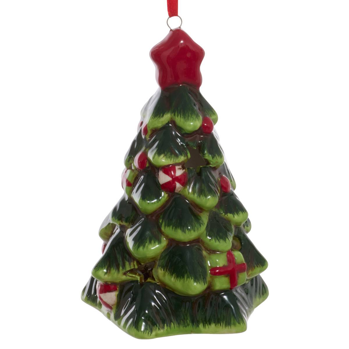 Suspension de sapin lumineuse motif sapin en céramique 10 cm vert, ATMOSPHERA