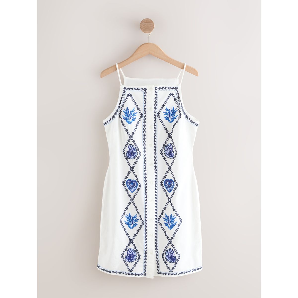Robe courte droite brodée en lin mélangé blanc, NEXT
