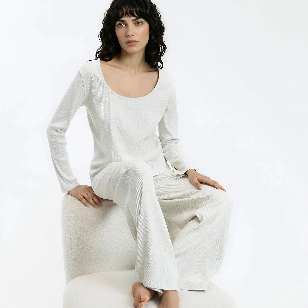 Pyjama en maille côtelée gris chiné clair, LA REDOUTE COLLECTIONS
