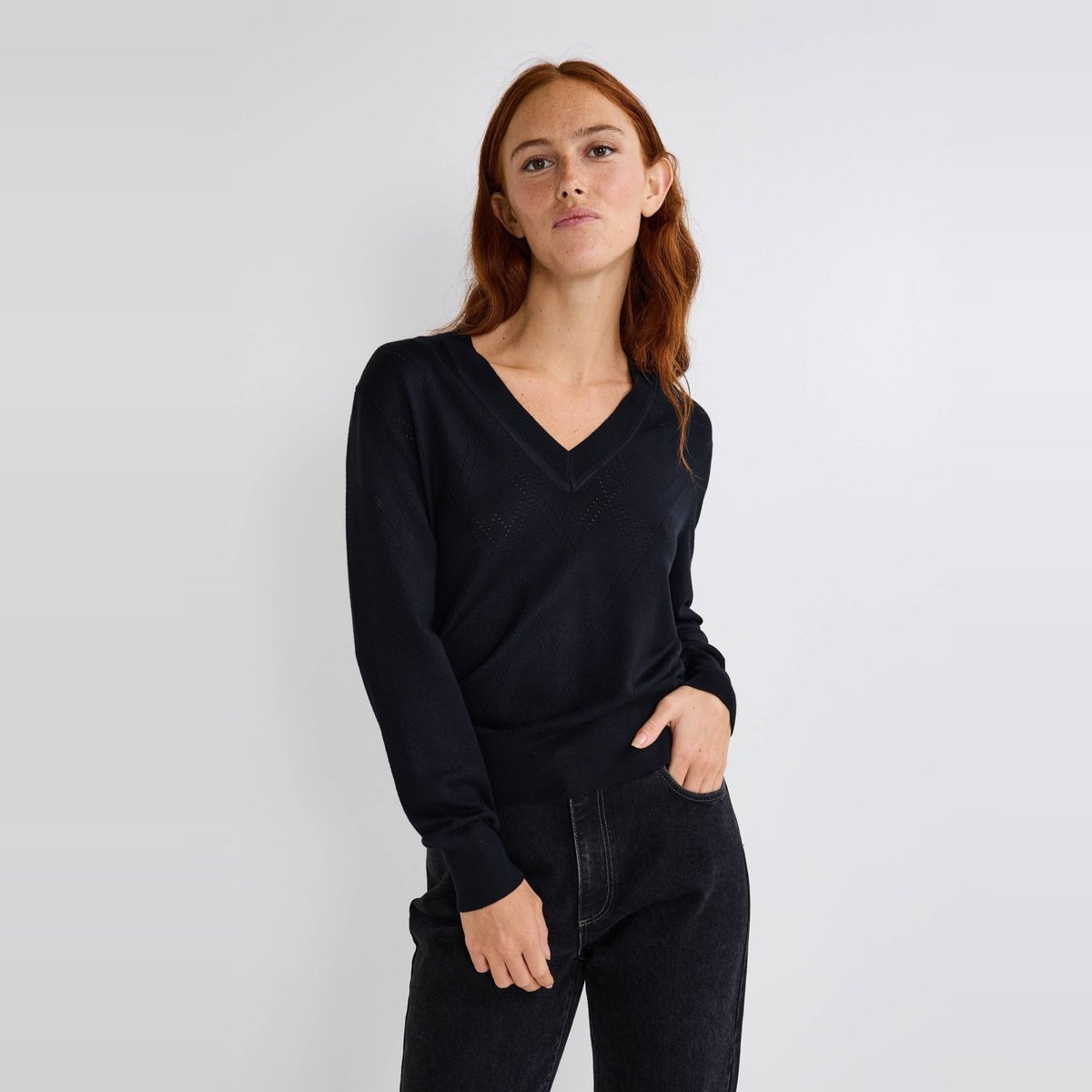 Pull col V ajouré noir, MONOPRIX