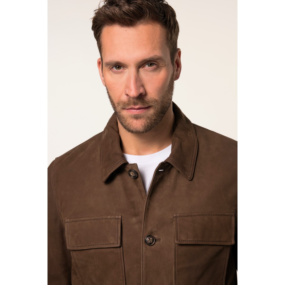 Veste en cuir nubuck d'agneau, col chemise marron tabac, JP1880