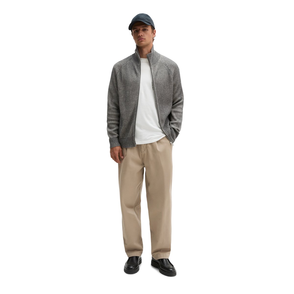 Cardigan à col montant, coupe régulière en mélange de coton bio et de laine vierge gris, MARC O'POLO