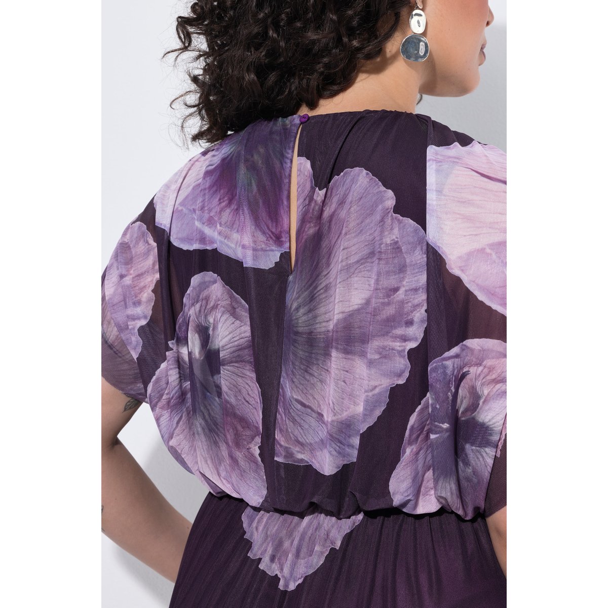 Robe maxi motif floral, décolleté rond raisin foncé, ULLA POPKEN