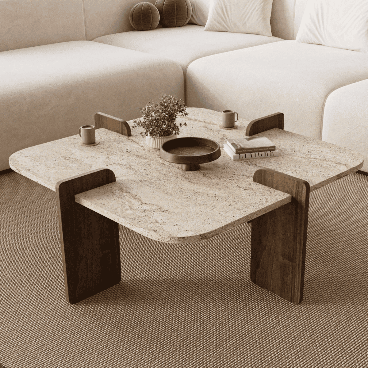 Table basse carrée LUMA travertin/ noyer, CALICOSY