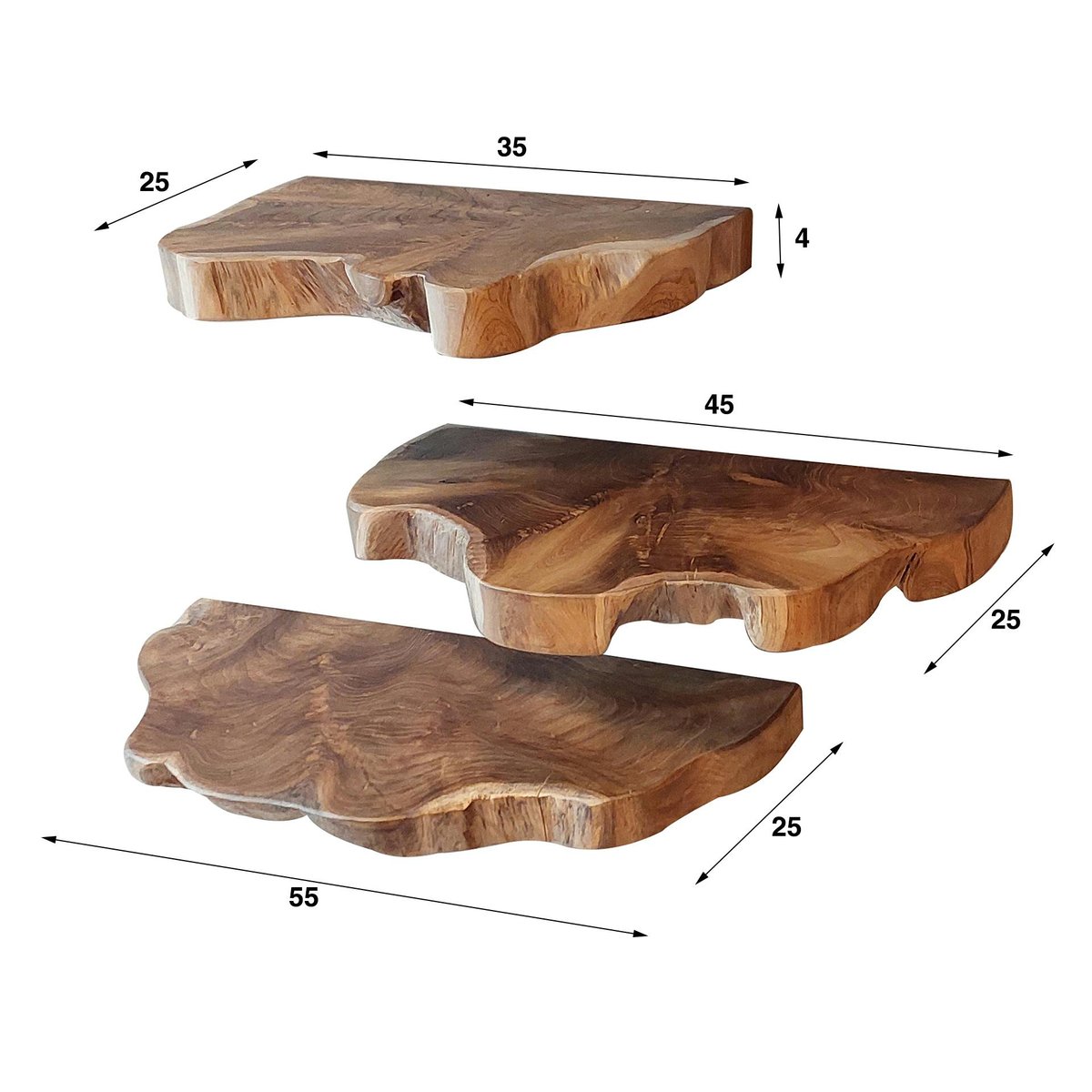 Etagères murales en teck recyclé avec bords naturels (lot de 3) bois naturel, PIER IMPORT