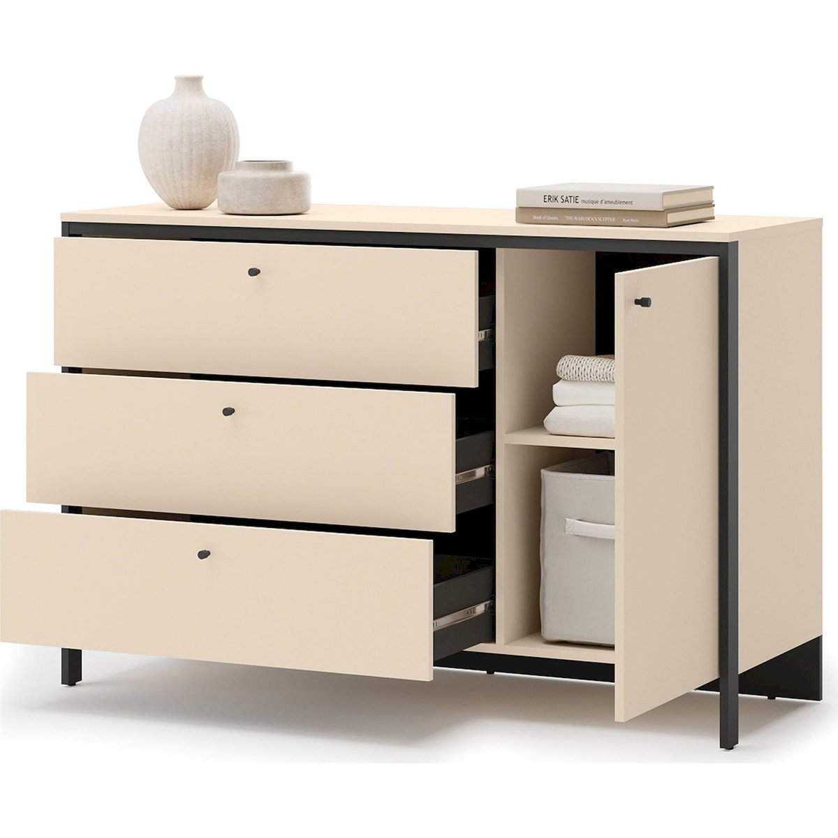 Commode collection ENNA avec éclairage LED beige sable et noir, RECOLLECTION