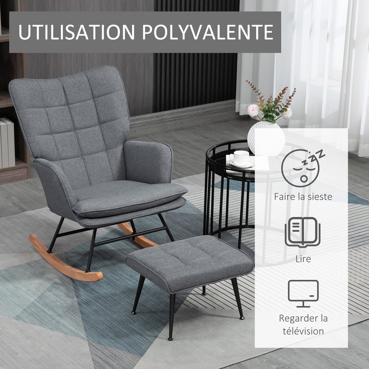 Ensemble de fauteuils à bascule Tissu aspect gris, bois naturel et noir, HOMCOM