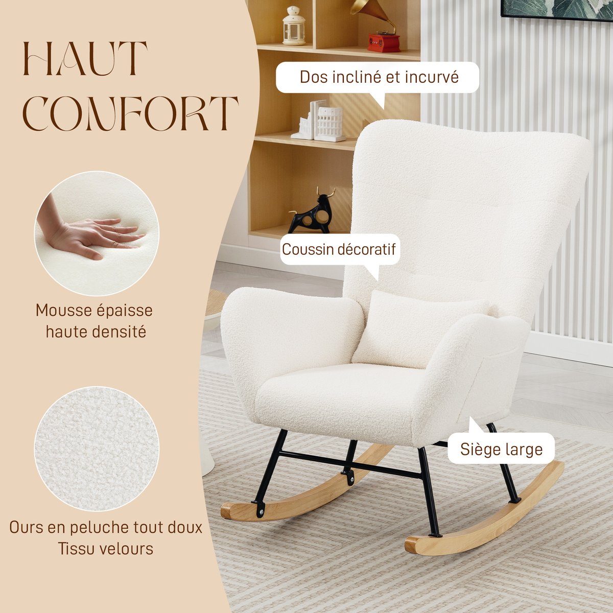 Fauteuil à bascule Peluche Teddy Crème crème, HOMCOM