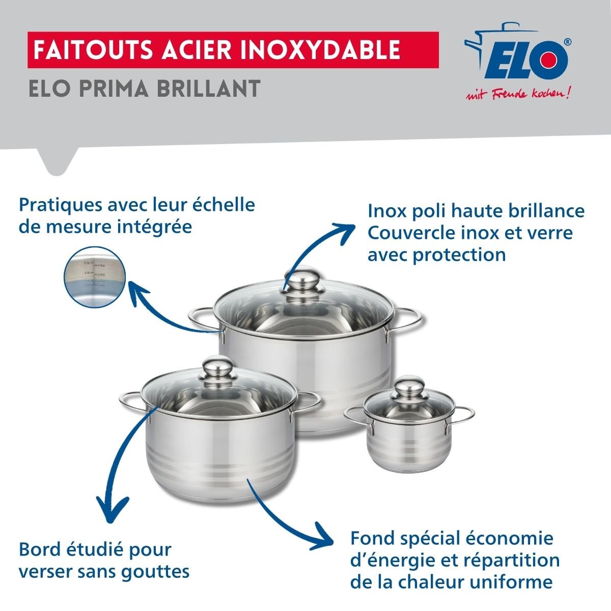 Batterie 1 poêle 20cm + 3 faitouts 12/20/24cm PRIMA BRILLANT noir, ELO