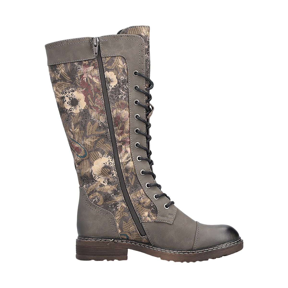 Bottes grises à talon décroché bas avec un zip et des lacets ronds grises, RIEKER