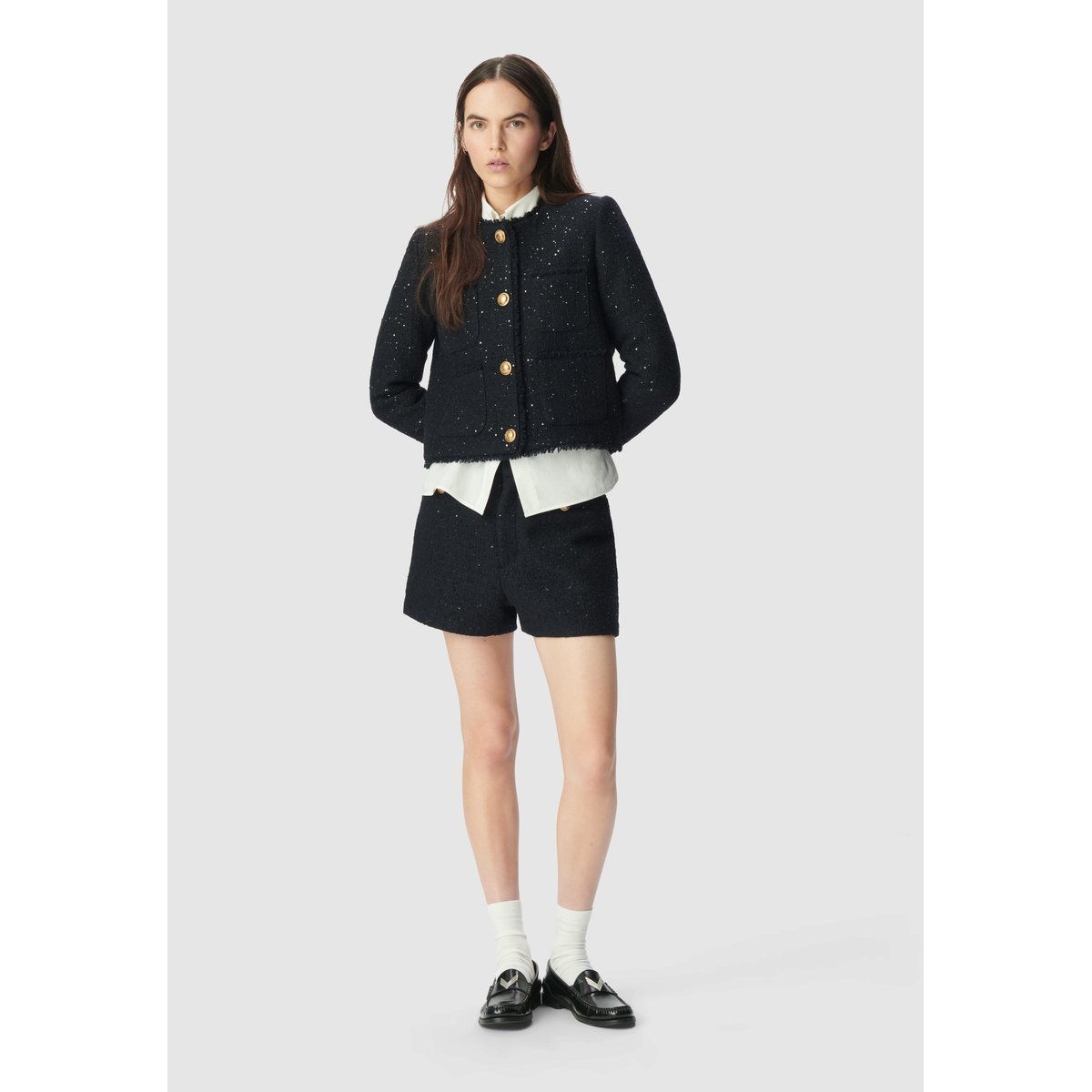 Veste courte effet tweed et sequins brodés bleu marine, IKKS