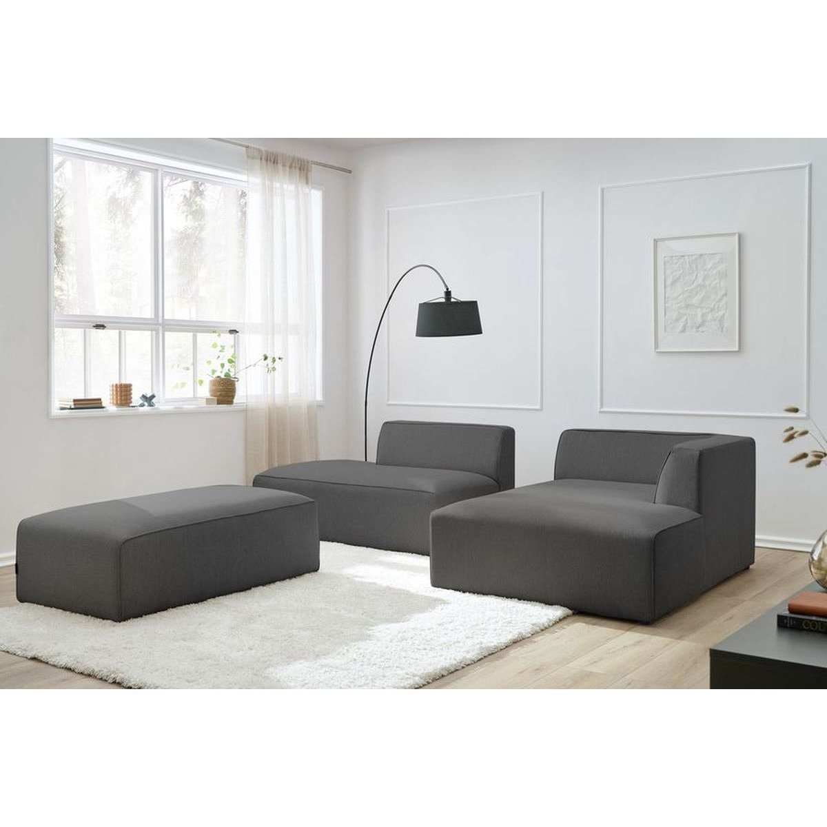 Canapé modulable 5 places en tissu chiné avec pouf, MEGEVE gris foncé, BOBOCHIC