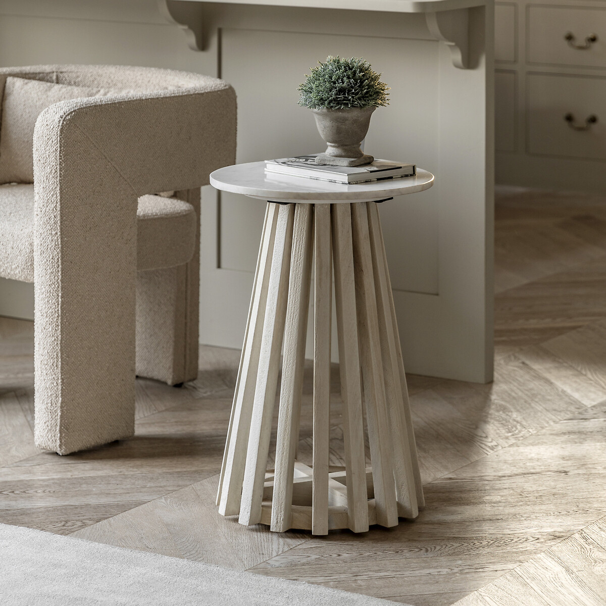 Savoy Round Slatted Wood & Marble Side Table natural/white, SO'HOME