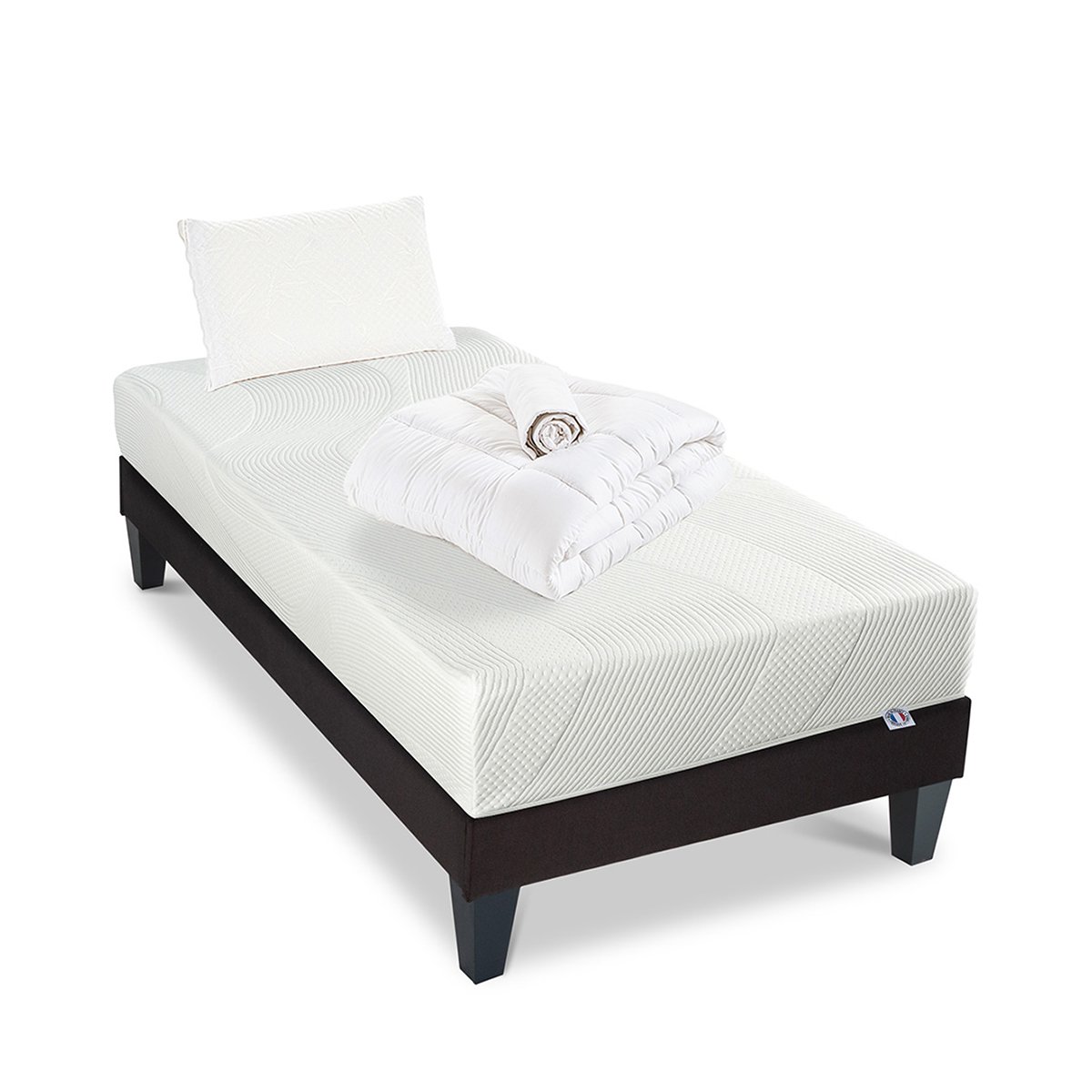 Pack Paris 90x190 cm Matelas Mousse + Sommier Bois + Accessoires blanc, BELLECOUR