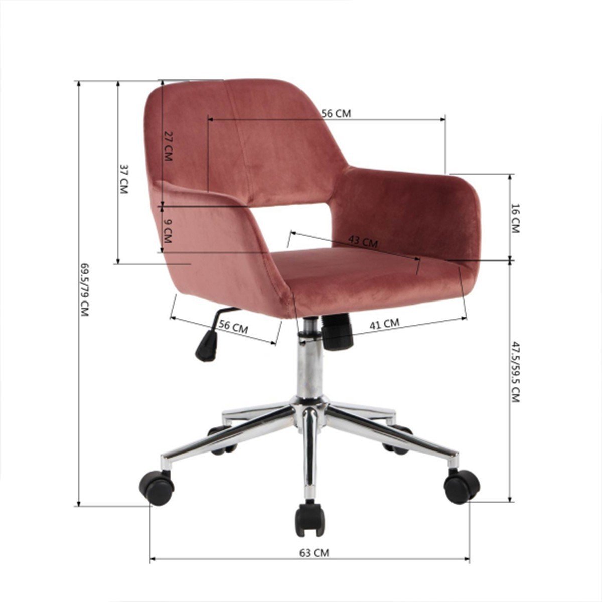 Chaise de bureau en velours ajustable - Ross rose, CALICOSY