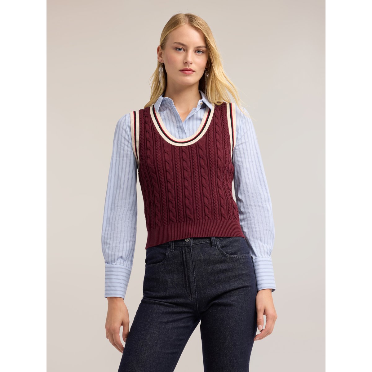 Top tressé avec bords rayés burgundy, MOTIVI