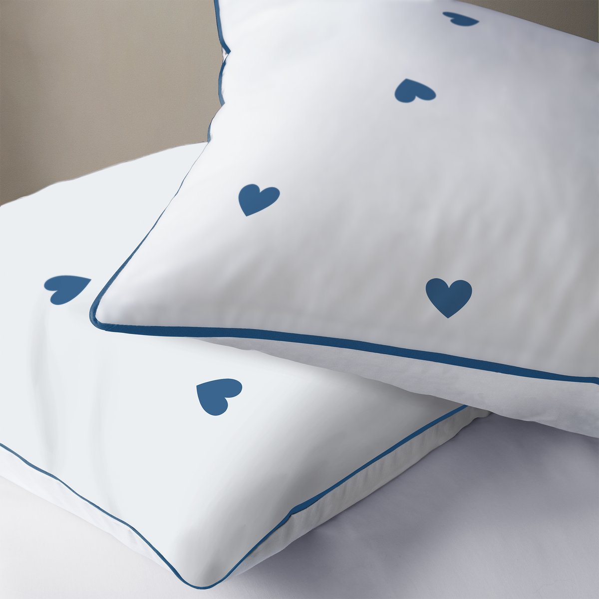 Parure de lit imprimée 100% coton, PLUIE DE COEURS blanc, bleu, MATT ET ROSE