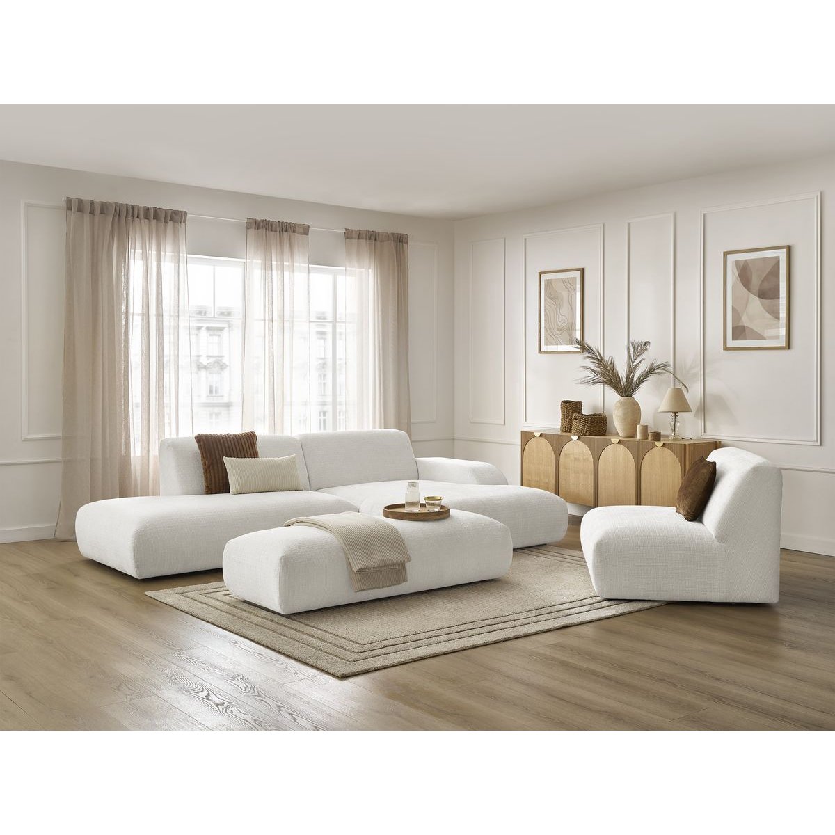Canapé modulable 5 places en tissu texturé, SIRIUS blanc, BOBOCHIC