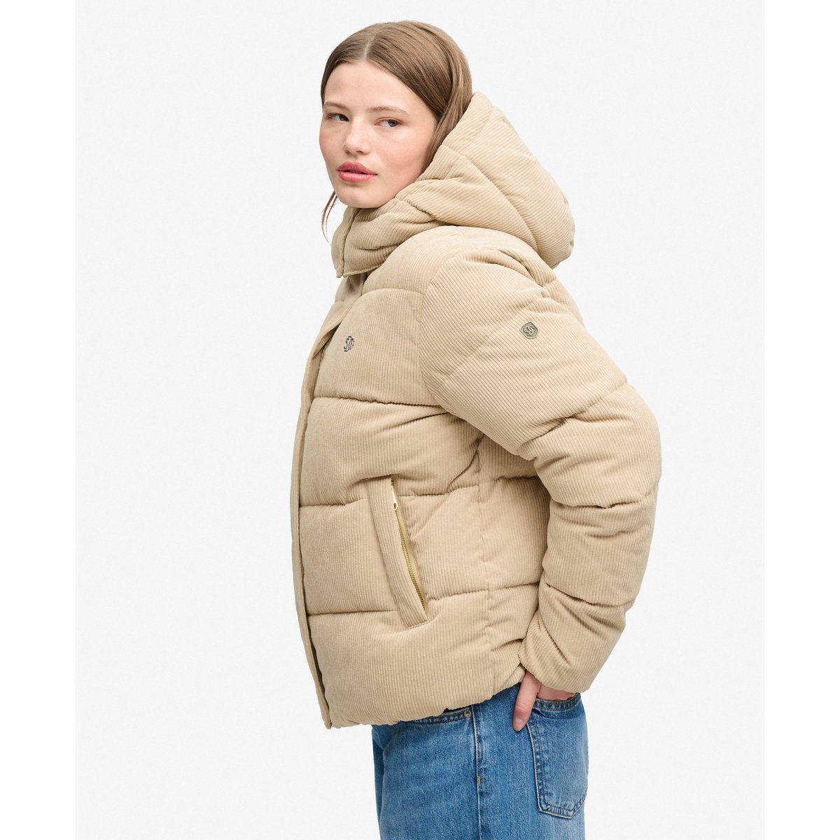 Doudoune à Capuche en Velours Premium brun encens, SUPERDRY