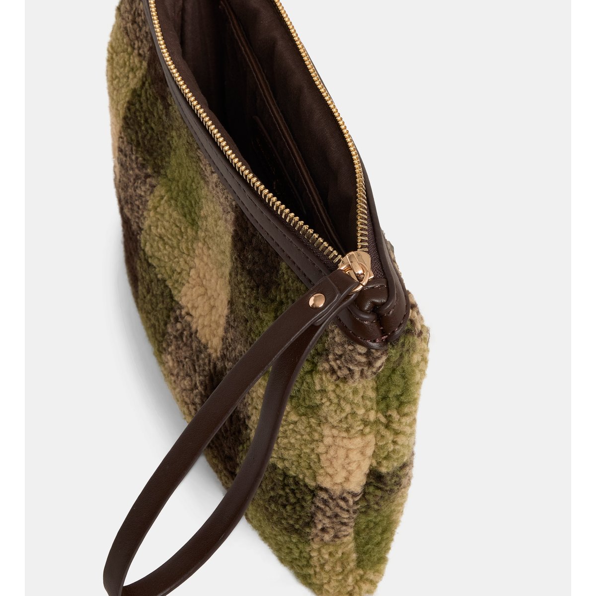 Pochette vicky en imitation peau lainée vert et camel, GALERIES LAFAYETTE