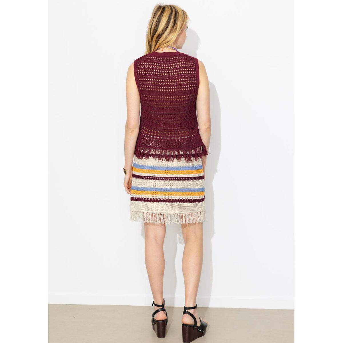 Jupe courte frangée en crochet rayures multicolores, PROMOD
