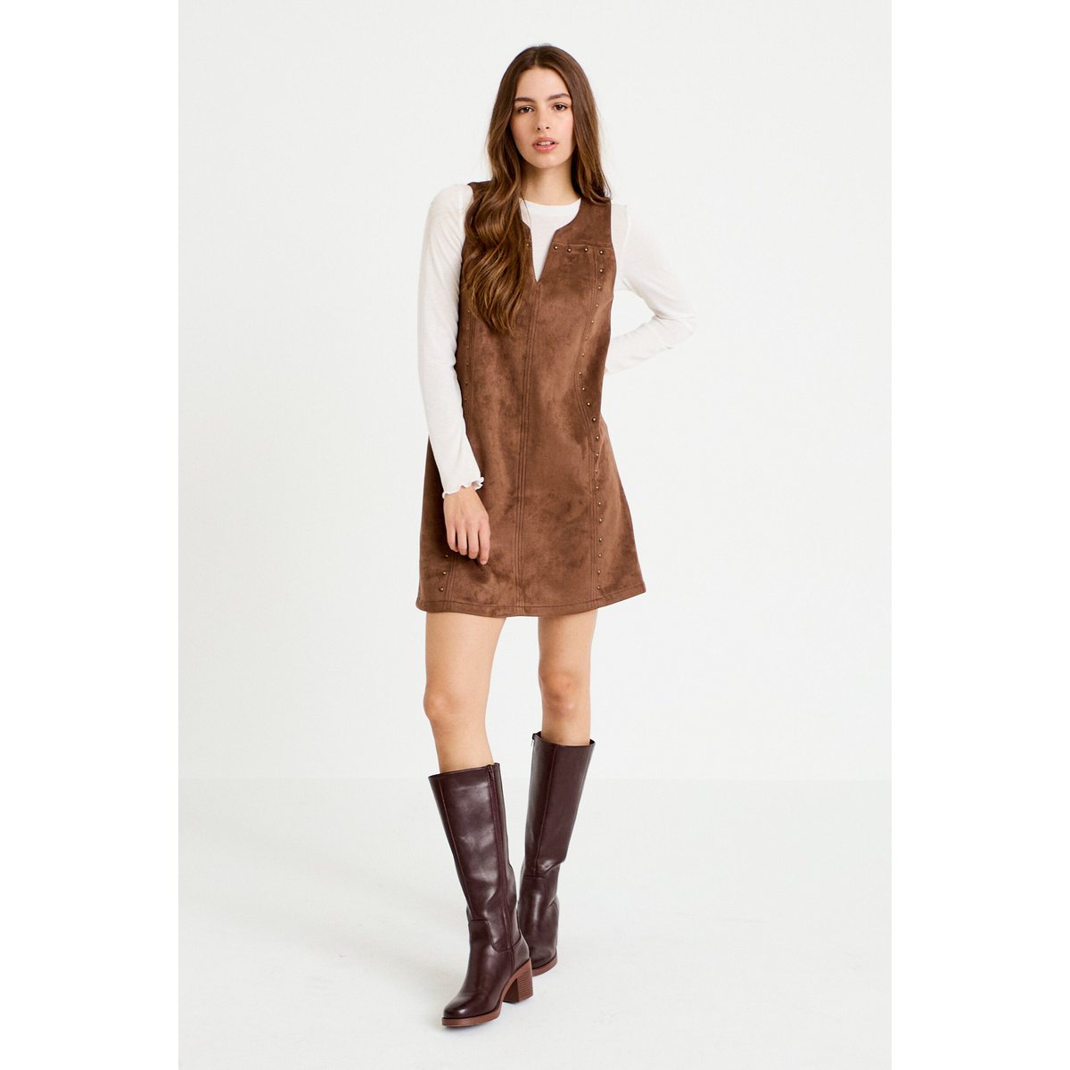 Robe droite courte sans manches col rond marron, CACHE CACHE