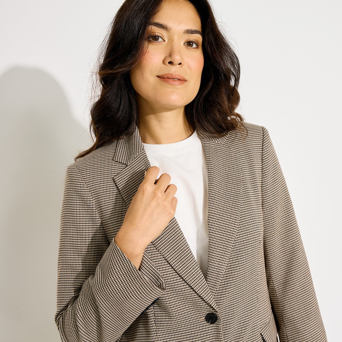 Veste blazer structuré à carreaux beige, GRAIN DE MALICE